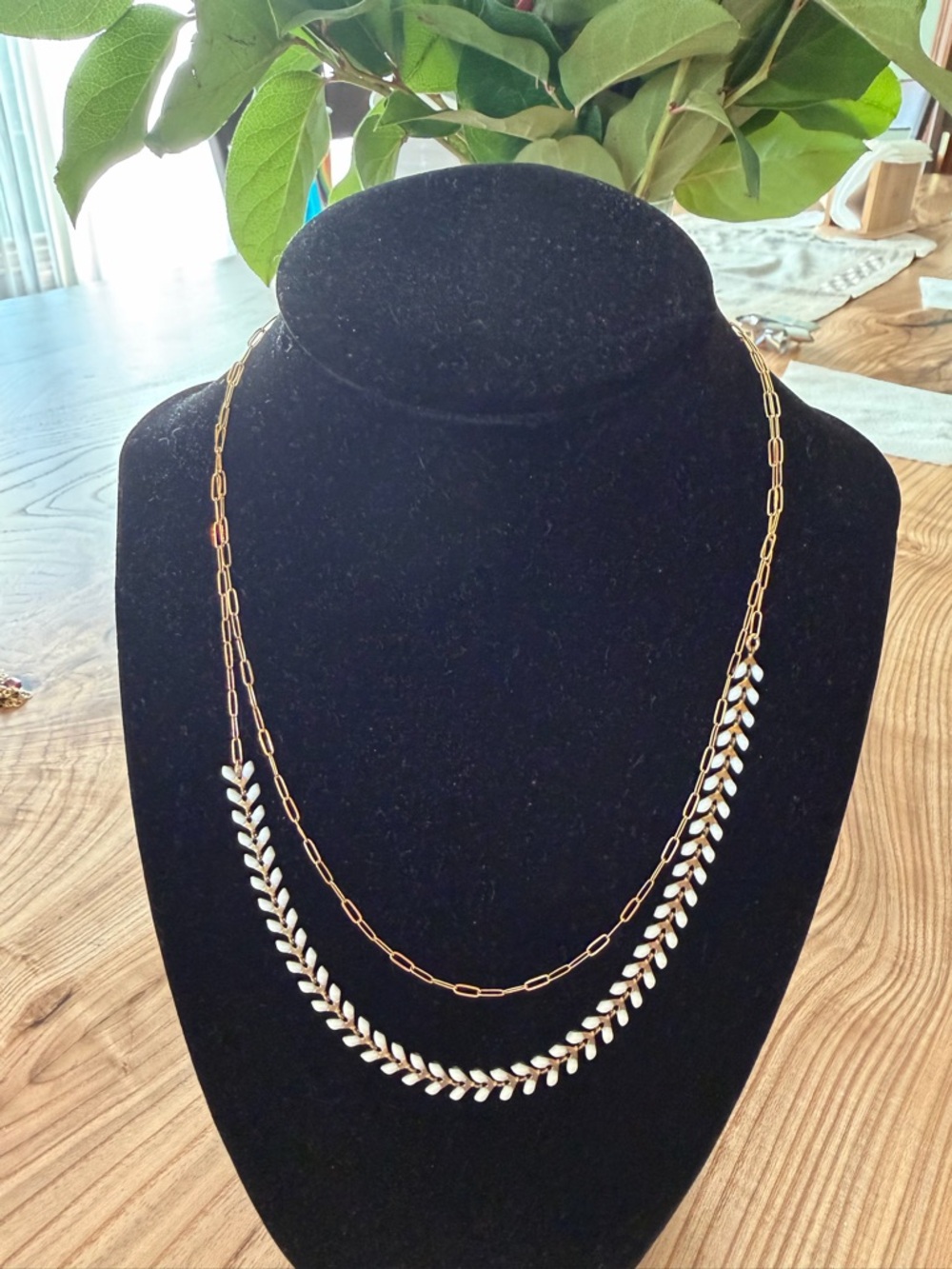 Amelia Rose Gold-Tone Double Layer Leaf Necklace - White Enamel Accents